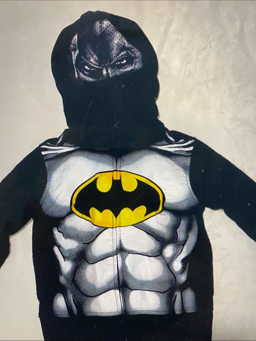 Kids Superhero Muscle Chest Hoodie Costume - Black with Yellow Emblem